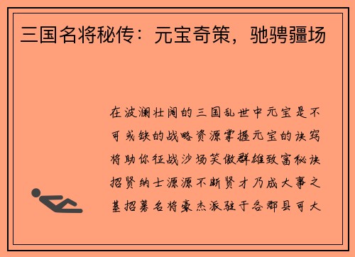 三国名将秘传：元宝奇策，驰骋疆场