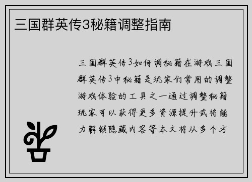 三国群英传3秘籍调整指南